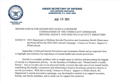 Department of Defense Kicks Off Its Suicide Prevention Awareness Month Observance